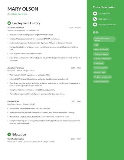 Assistant Foreman Resume