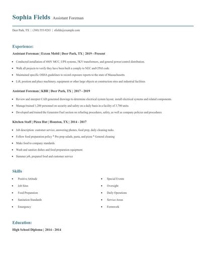 Assistant Foreman Resume