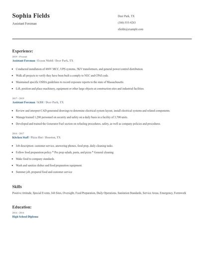 Assistant Foreman Resume