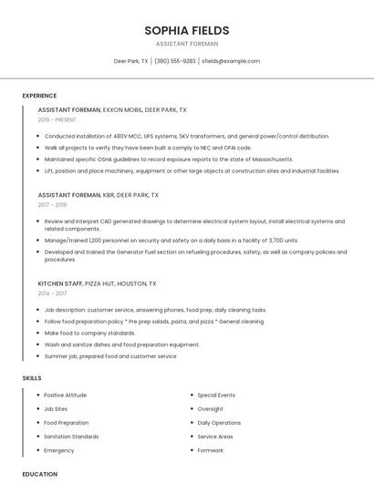 Assistant Foreman Resume