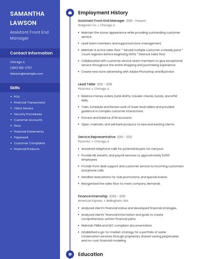 Assistant Front End Manager Resume