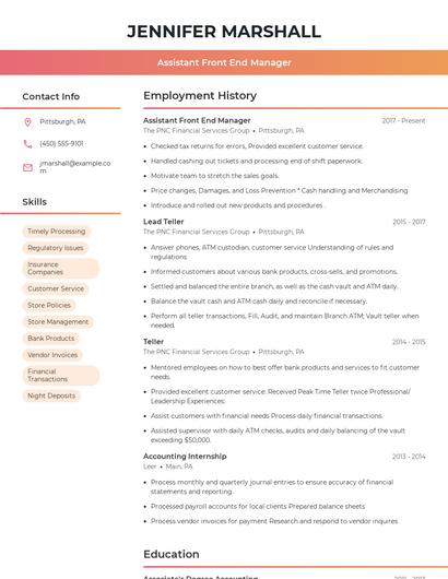 Assistant Front End Manager Resume