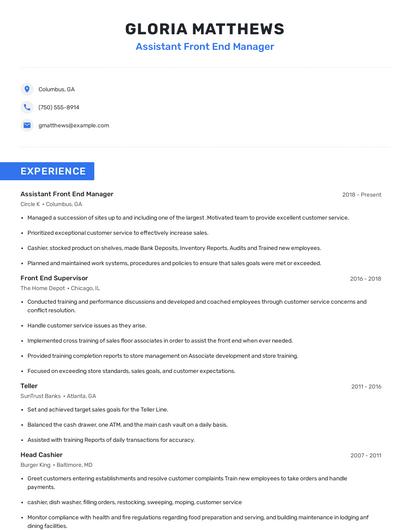 Assistant Front End Manager Resume