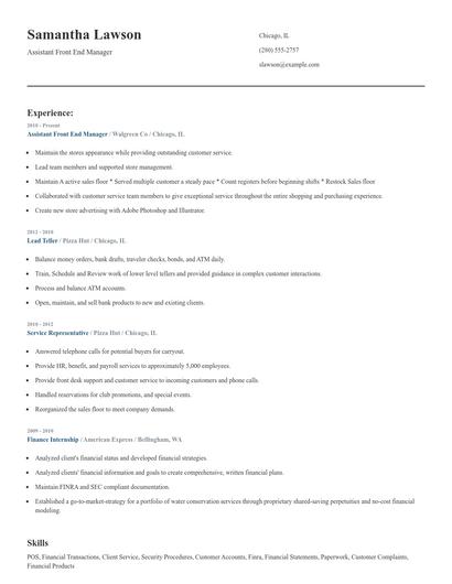 Assistant Front End Manager Resume