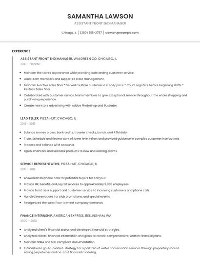 Assistant Front End Manager Resume