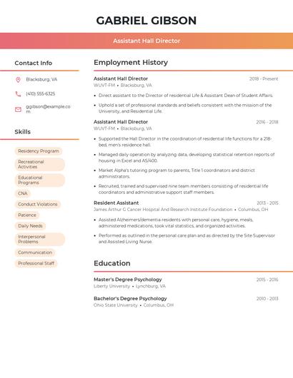 Assistant Hall Director Resume