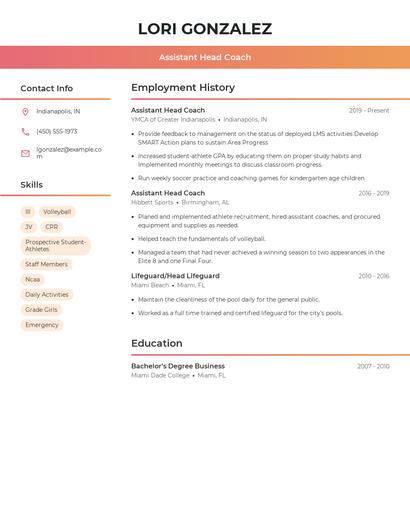 Assistant Head Coach Resume