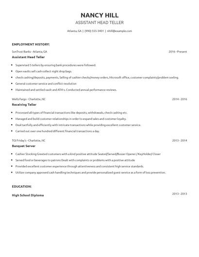 Assistant Head Teller Resume