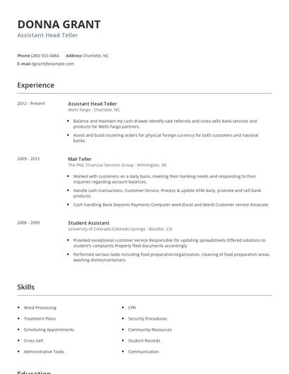 Assistant Head Teller Resume