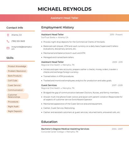 Assistant Head Teller Resume