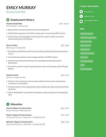 Assistant Head Teller Resume