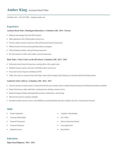 Assistant Head Teller Resume