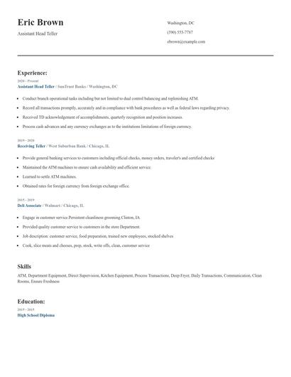 Assistant Head Teller Resume