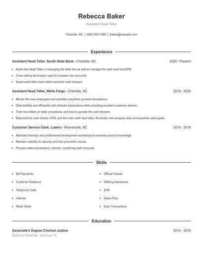 Assistant Head Teller Resume