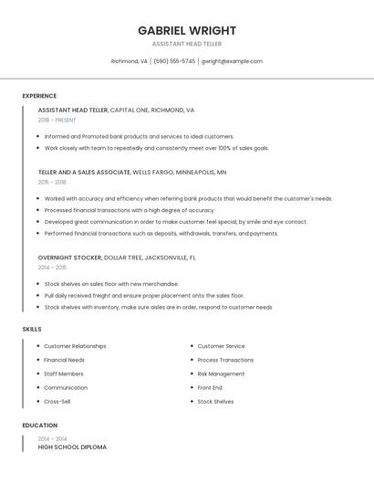 Assistant Head Teller Resume