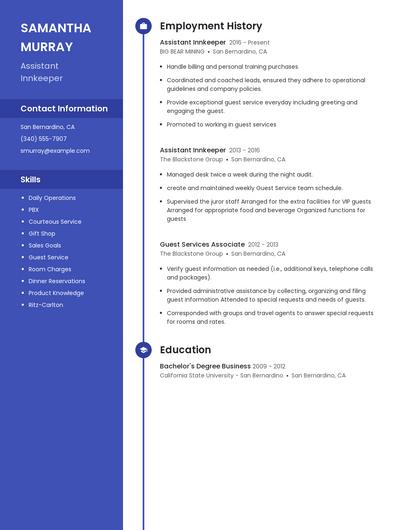 Assistant Innkeeper Resume