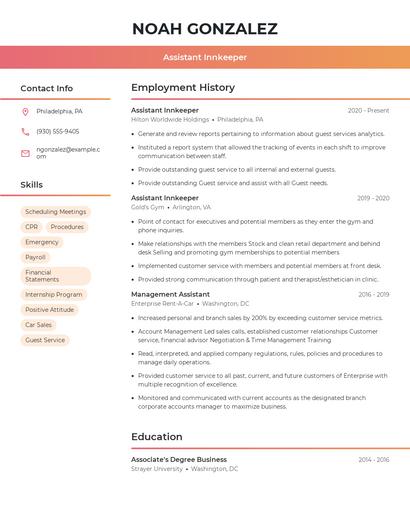 Assistant Innkeeper Resume