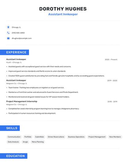 Assistant Innkeeper Resume
