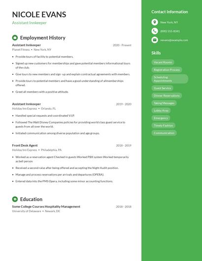 Assistant Innkeeper Resume