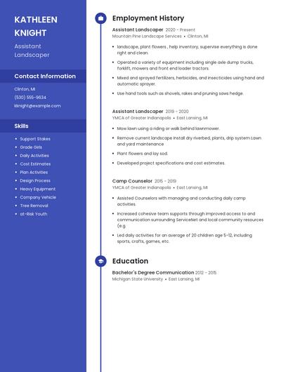 Assistant Landscaper Resume