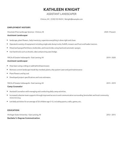 Assistant Landscaper Resume