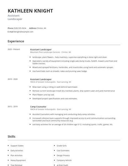 Assistant Landscaper Resume