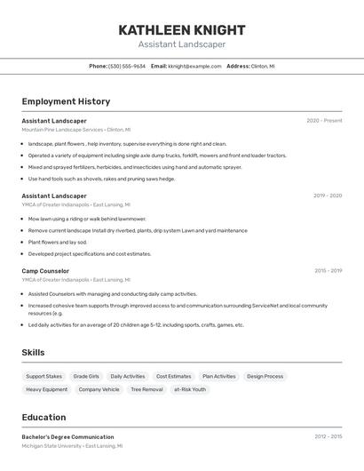 Assistant Landscaper Resume