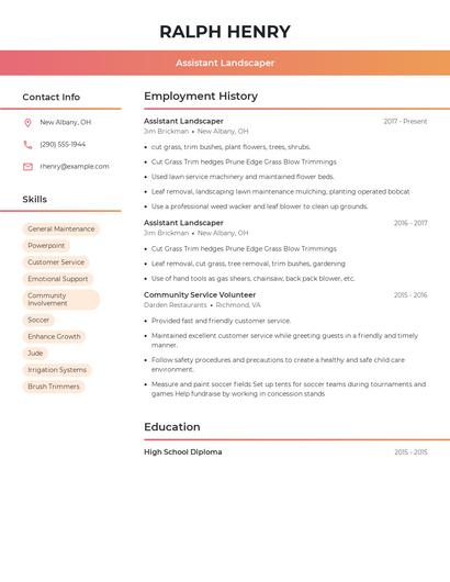 Assistant Landscaper Resume