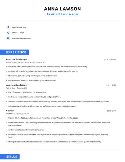 Assistant Landscaper Resume