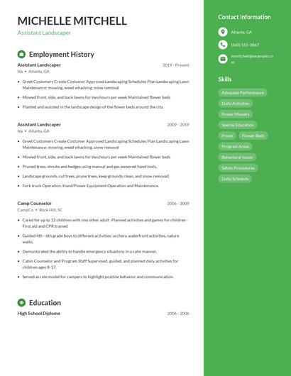 Assistant Landscaper Resume