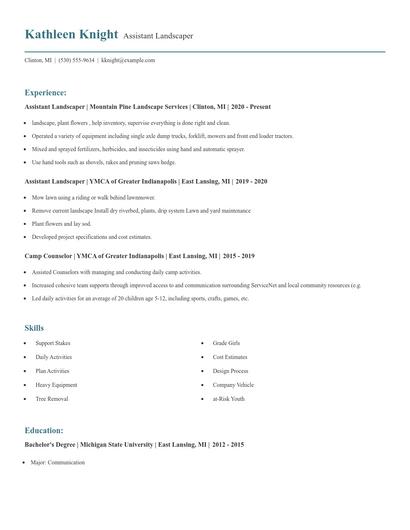 Assistant Landscaper Resume