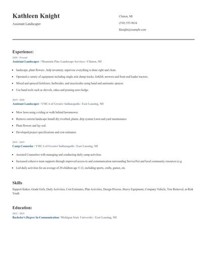 Assistant Landscaper Resume