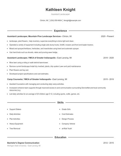 Assistant Landscaper Resume