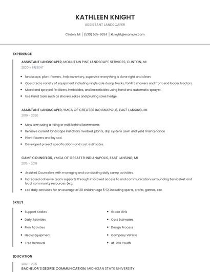 Assistant Landscaper Resume