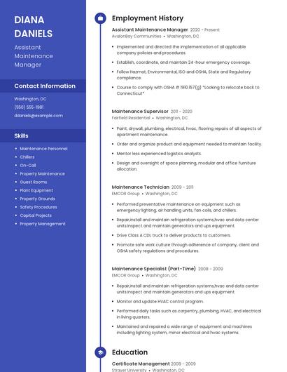 Assistant Maintenance Manager Resume