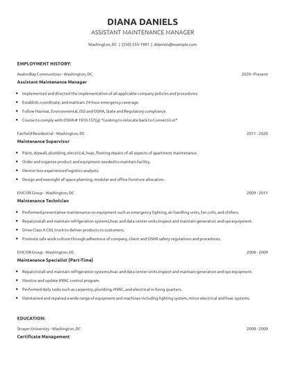 Assistant Maintenance Manager Resume