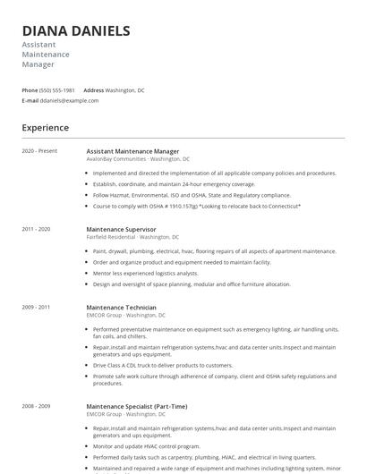 Assistant Maintenance Manager Resume