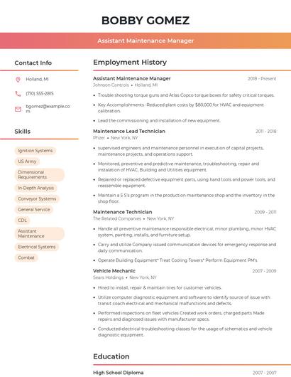 Assistant Maintenance Manager Resume