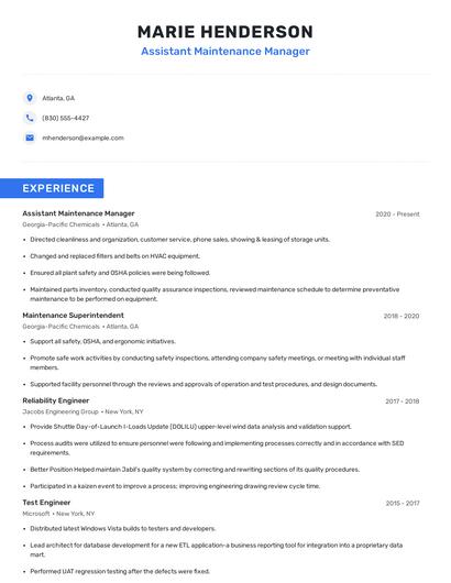 Assistant Maintenance Manager Resume