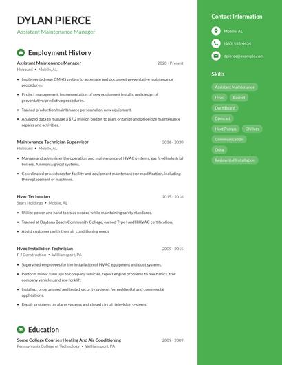 Assistant Maintenance Manager Resume