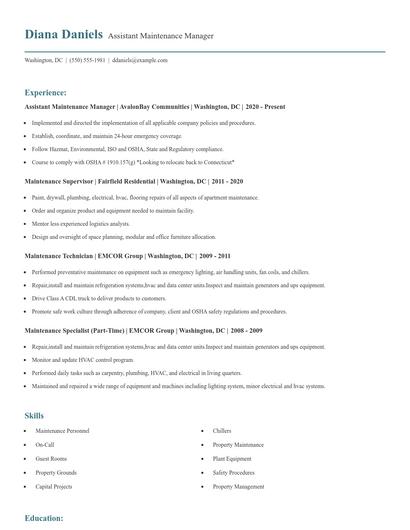 Assistant Maintenance Manager Resume