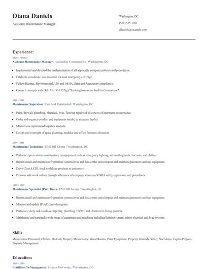 Assistant Maintenance Manager Resume