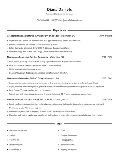 Assistant Maintenance Manager Resume