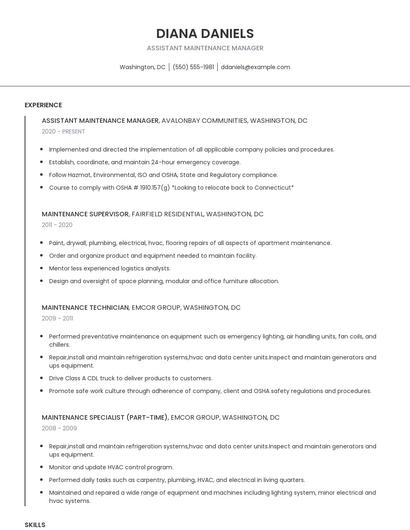 Assistant Maintenance Manager Resume