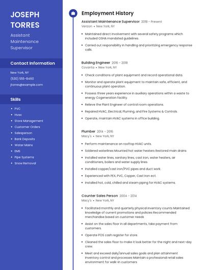 Assistant Maintenance Supervisor Resume