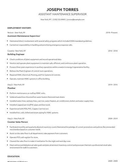 Assistant Maintenance Supervisor Resume
