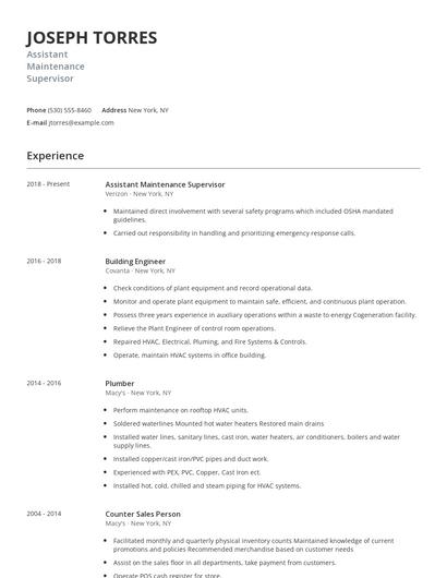 Assistant Maintenance Supervisor Resume