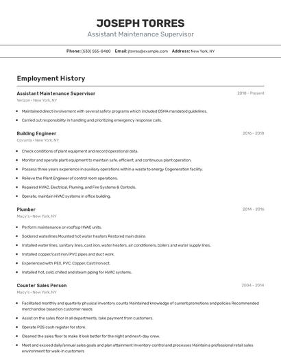 Assistant Maintenance Supervisor Resume