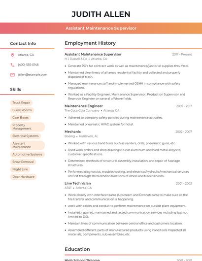 Assistant Maintenance Supervisor Resume