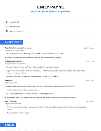Assistant Maintenance Supervisor Resume
